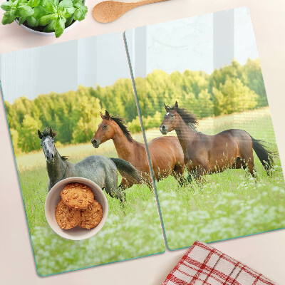 Glass chopping board A meeting of horses in the field
