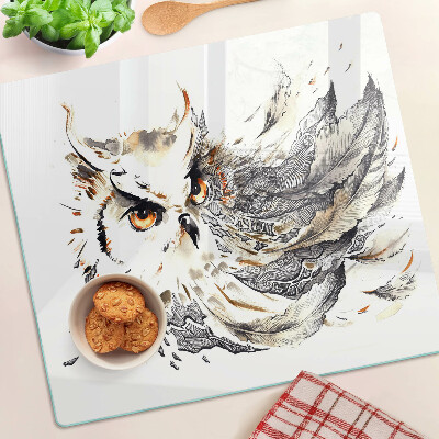 Glass chopping board Owl with feathers
