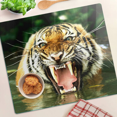 Glass chopping board Tiger on the attack