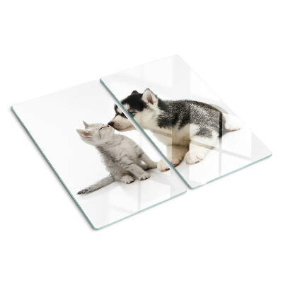 Glass kitchen board Kitten and puppy in friendship