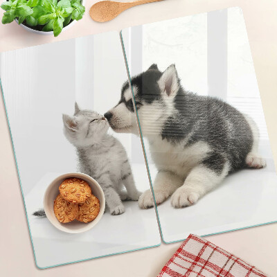 Glass kitchen board Kitten and puppy in friendship