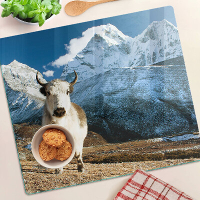 Glass kitchen board Cow in the mountains