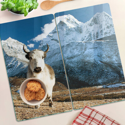 Glass kitchen board Cow in the mountains