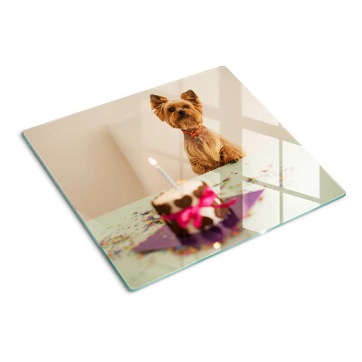 Glass kitchen board Dog at the table with cake