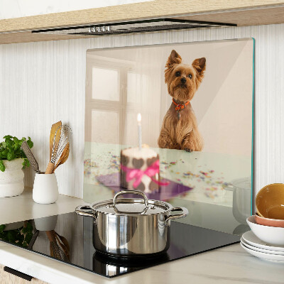 Glass kitchen board Dog at the table with cake
