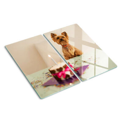 Glass kitchen board Dog at the table with cake