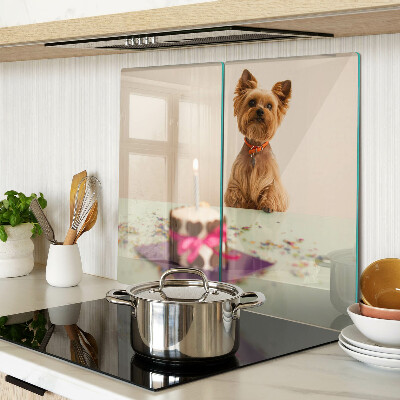 Glass kitchen board Dog at the table with cake