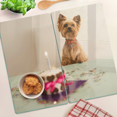 Glass kitchen board Dog at the table with cake