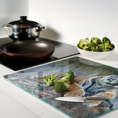 Glass kitchen board Tiger on a tree trunk