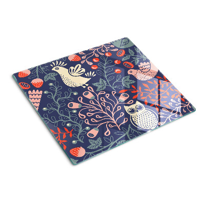 Glass chopping board Birds and fruits in folk style