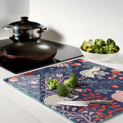 Glass chopping board Birds and fruits in folk style