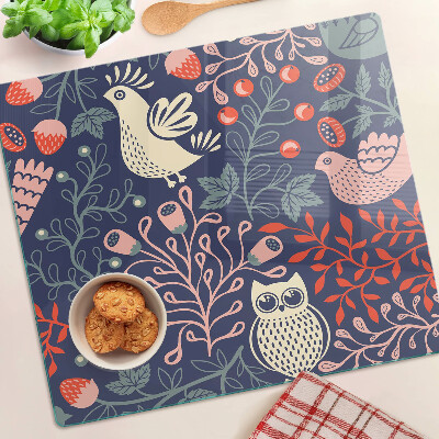 Glass chopping board Birds and fruits in folk style