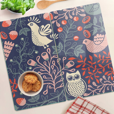 Glass chopping board Birds and fruits in folk style