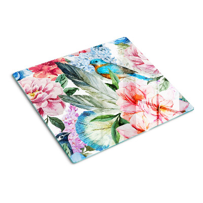 Glass chopping board Flowers and birds in watercolor