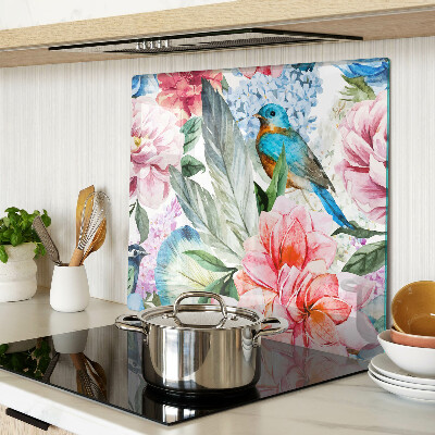 Glass chopping board Flowers and birds in watercolor