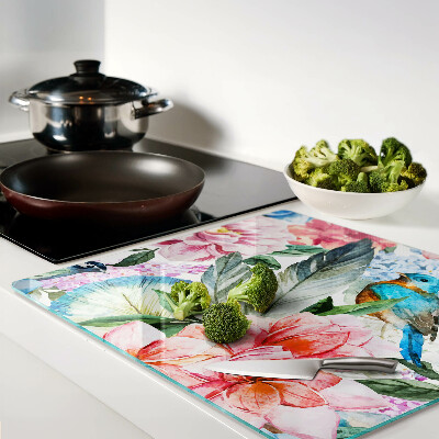 Glass chopping board Flowers and birds in watercolor