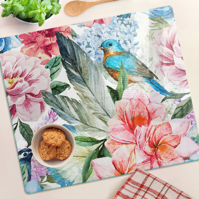 Glass chopping board Flowers and birds in watercolor