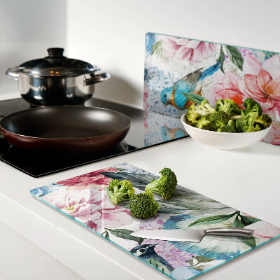 Glass chopping board Flowers and birds in watercolor