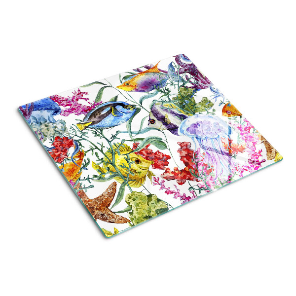 Glass chopping board Sea theme with fish and jellyfish