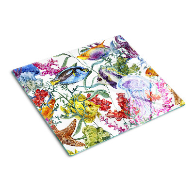 Glass chopping board Sea theme with fish and jellyfish