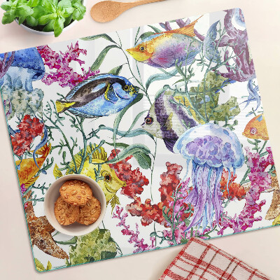 Glass chopping board Sea theme with fish and jellyfish