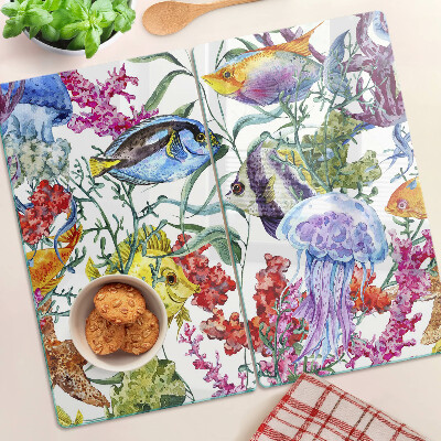 Glass chopping board Sea theme with fish and jellyfish