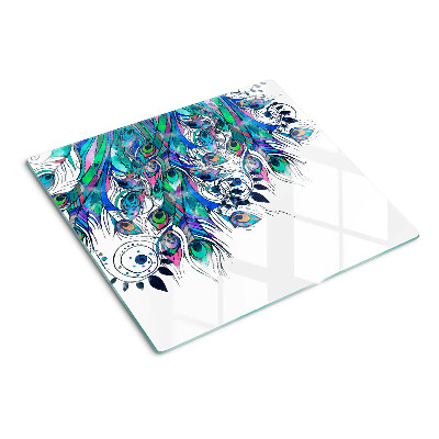 Glass chopping board Peacock feathers in green and blue colors
