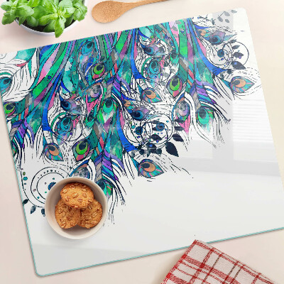 Glass chopping board Peacock feathers in green and blue colors