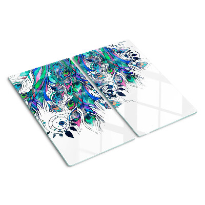 Glass chopping board Peacock feathers in green and blue colors
