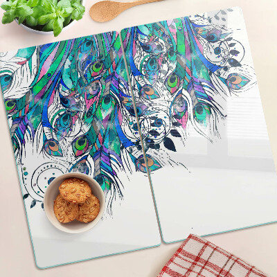 Glass chopping board Peacock feathers in green and blue colors