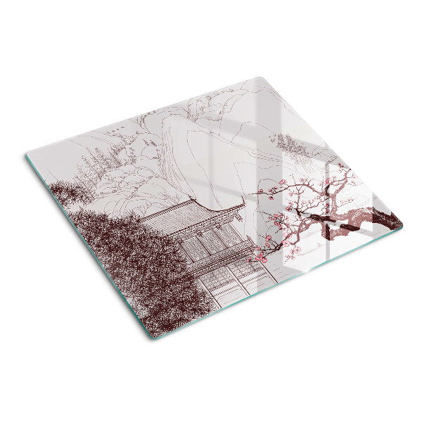 Glass kitchen board Mountain landscape with flowering trees