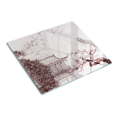 Glass kitchen board Mountain landscape with flowering trees