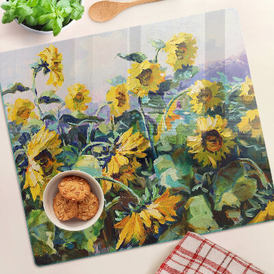 Glass kitchen board Sunflowers in the garden