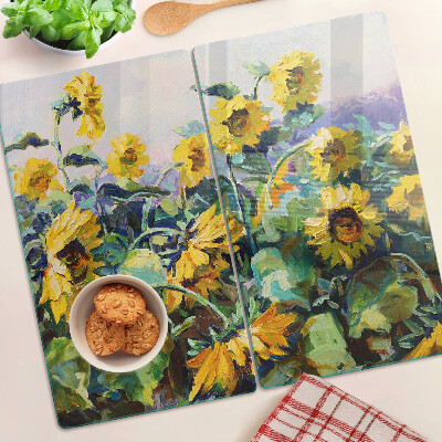 Glass kitchen board Sunflowers in the garden