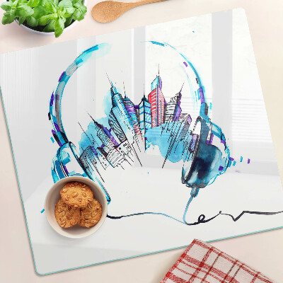 Glass chopping board Headphones with a cityscape
