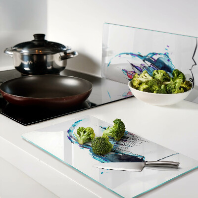 Glass chopping board Headphones with a cityscape