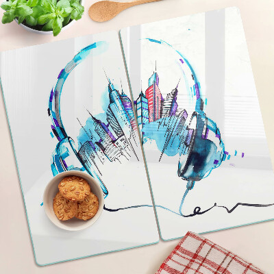 Glass chopping board Headphones with a cityscape