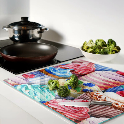 Glass chopping board Cupcakes and colorful pastries