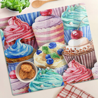 Glass chopping board Cupcakes and colorful pastries