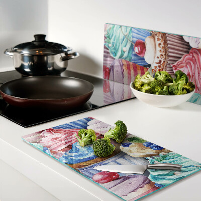 Glass chopping board Cupcakes and colorful pastries