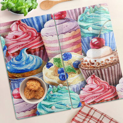 Glass chopping board Cupcakes and colorful pastries