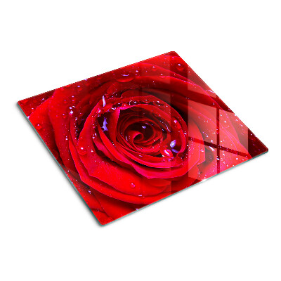 Glass kitchen board Red rose with water drops