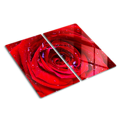 Glass kitchen board Red rose with water drops