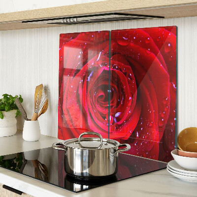 Glass kitchen board Red rose with water drops