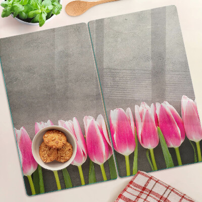 Glass chopping board Tulips on a gray background