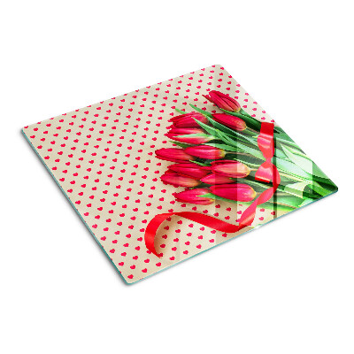 Glass chopping board Tulips with hearts and ribbon