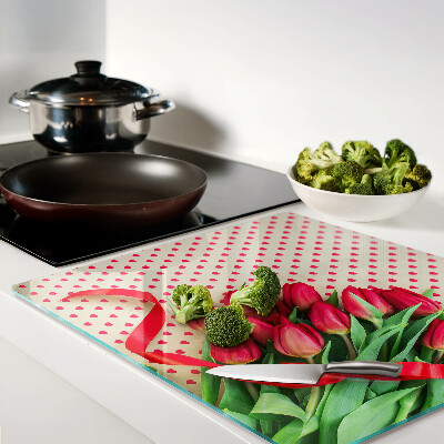 Glass chopping board Tulips with hearts and ribbon