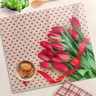 Glass chopping board Tulips with hearts and ribbon