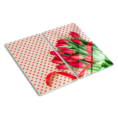 Glass chopping board Tulips with hearts and ribbon