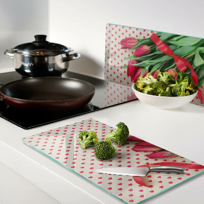 Glass chopping board Tulips with hearts and ribbon